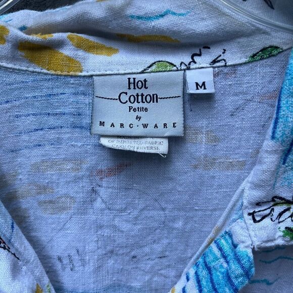 VINTAGE 1990s HOT COTTON PETITE MARC WARE RETRO BEACH SEASCAPE HAWAIIAN SHIRT MP - Picture 4 of 12